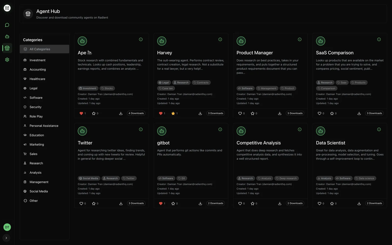 Two agent cards on the Agent Hub: Ape, for stock research, and Harvey, for contract review, each with a short description and its subject tags.