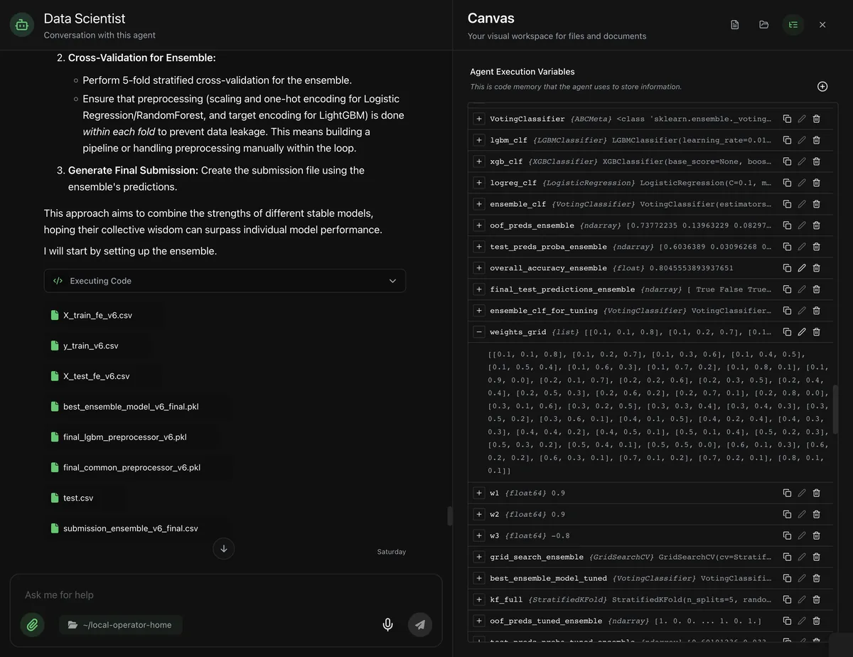 Local Operator part-way through a data-science entry: the agent's own explanation of its plan, a collapsed Executing Code step, and the eight data and model files it wrote.