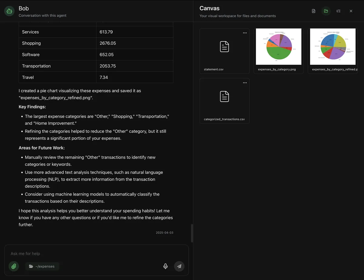Local Operator analysing a bank statement: a table of spending categories and amounts in the chat, and the agent's summary of the chart it saved.