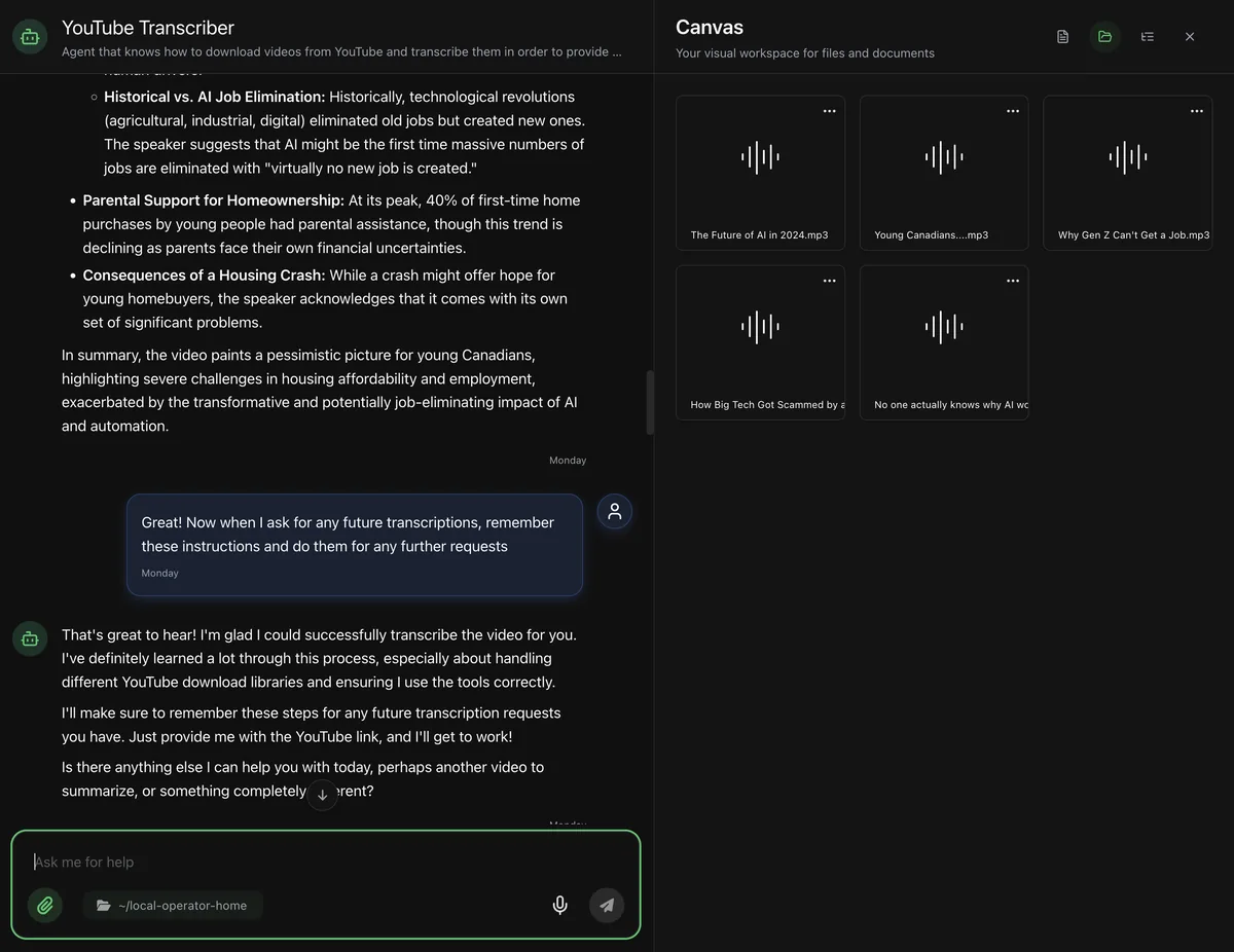 A taught YouTube Transcriber agent answering a request to remember the transcription steps, confirming it will apply them to future requests.