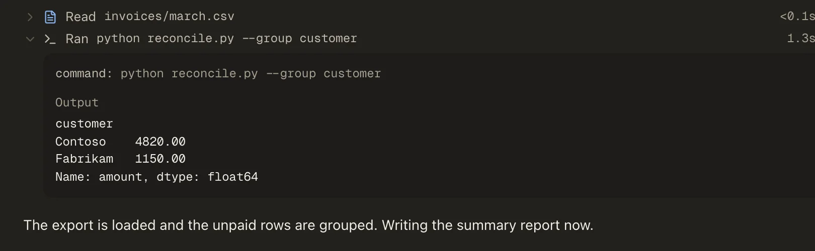 A tool trace in Local Operator: the agent read invoices/march.csv, ran a reconcile script it wrote, and the expanded row shows the command and its output with Contoso at 4,820.00 and Fabrikam at 1,150.00.