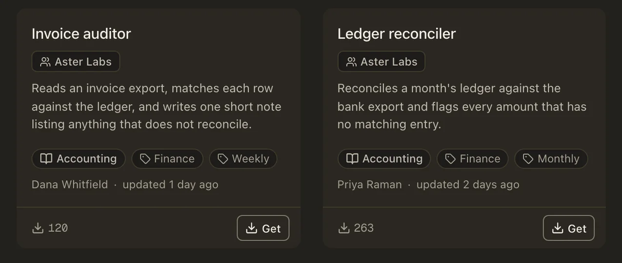 Two agents on the Agent Hub: Invoice auditor, which matches an invoice export against the ledger, and Ledger reconciler, which reconciles a month's ledger against the bank export, each with its tags, publisher, and download count.